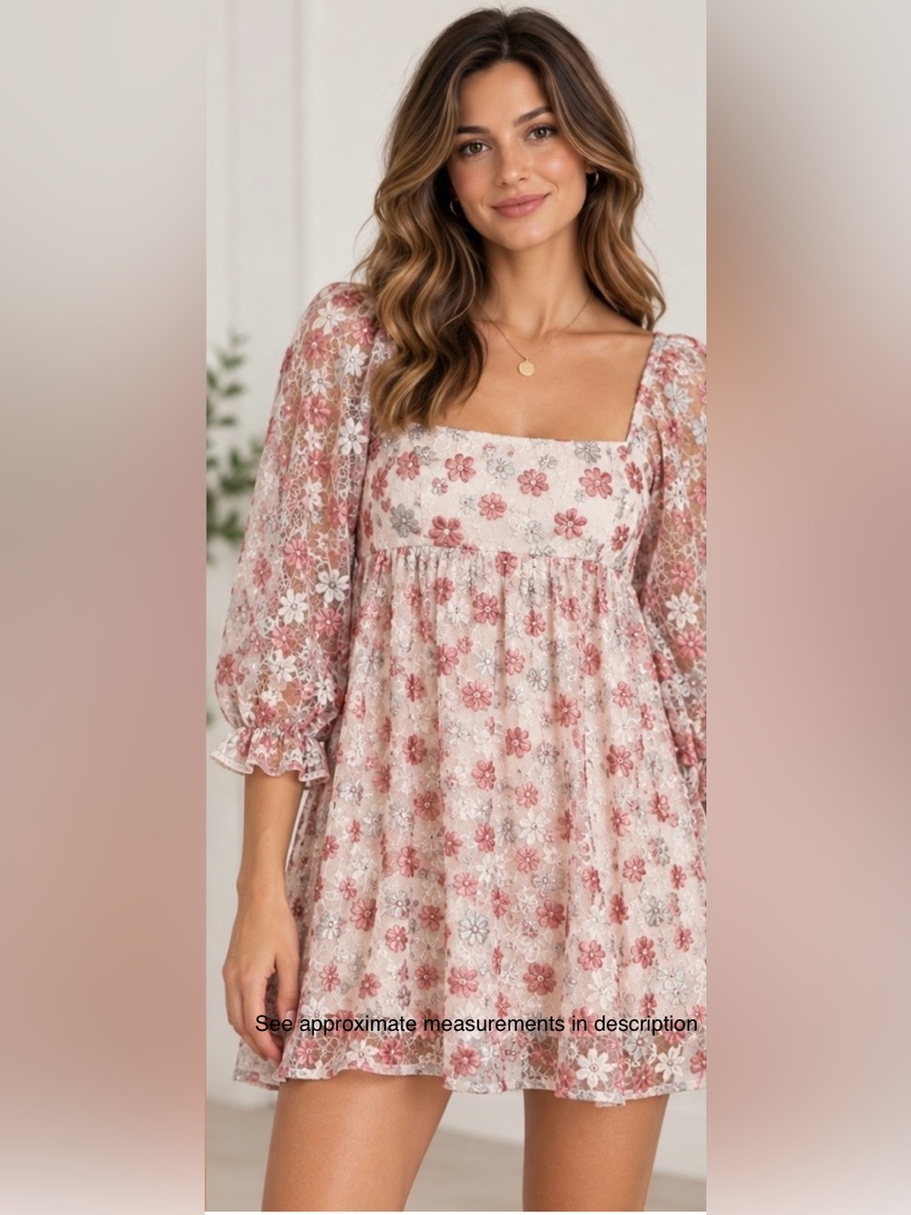 STORIA Floral Embroidered Lace Puff Sleeve Babydoll Mini Dress NWT